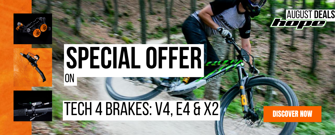 Promotion on Hope Tech 4 V4, E4 and X2 brakes available at Purebike until 08/31/25 incl.